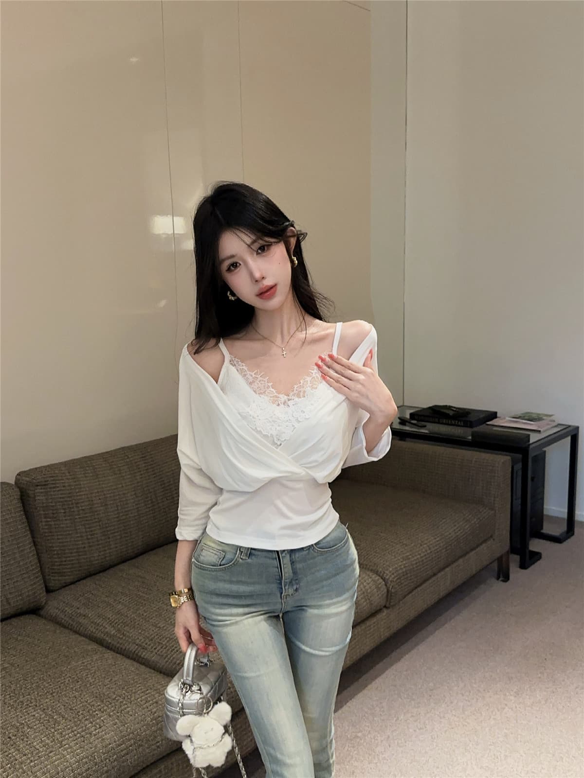 실사 정가 작은 심장 기계 오프숄더 V넥 허리 수축 레이스 슬립 분위기 센스 스택 착용 투피스 세트 맨위 상세 이미지 13