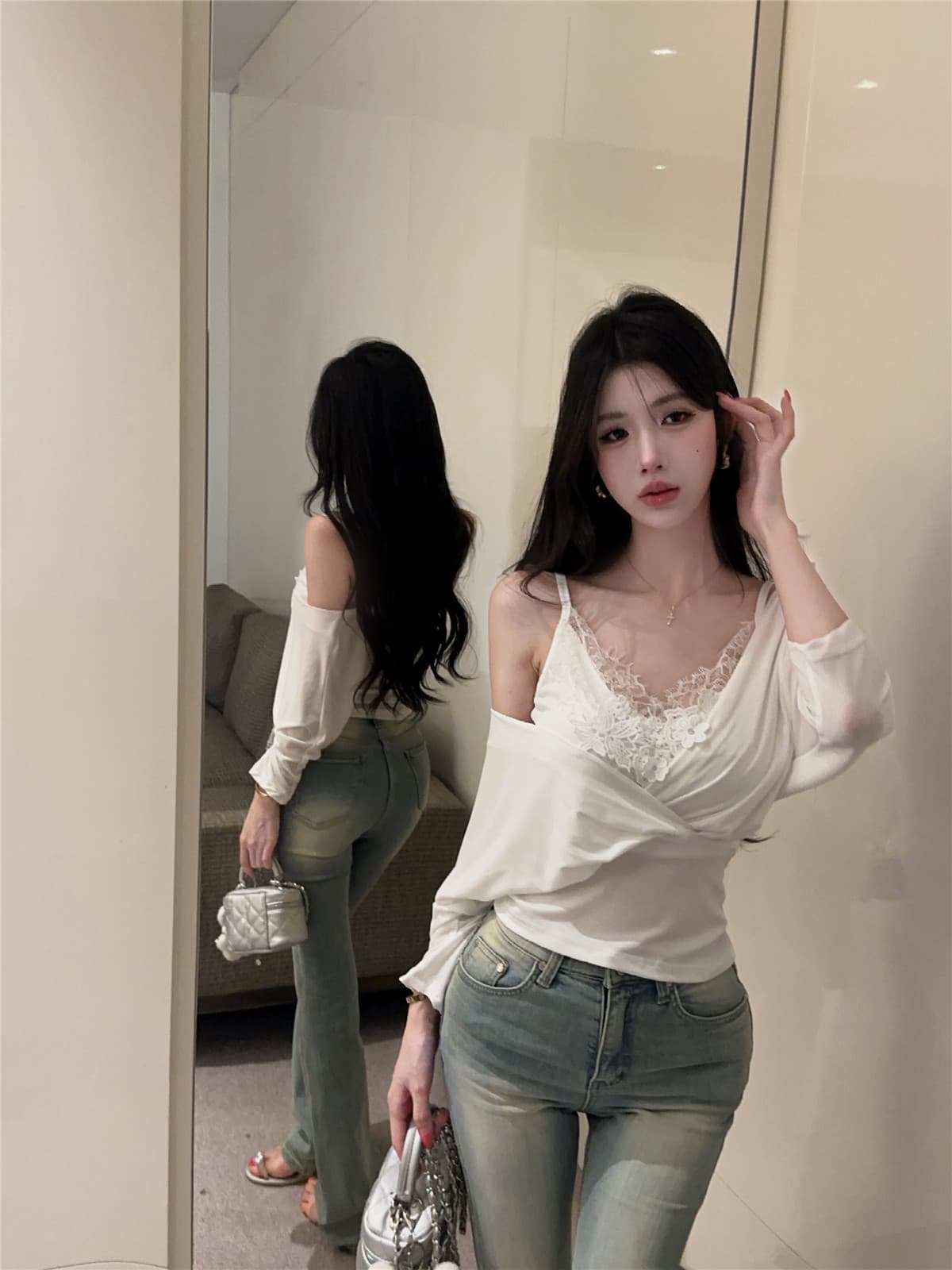 실사 정가 작은 심장 기계 오프숄더 V넥 허리 수축 레이스 슬립 분위기 센스 스택 착용 투피스 세트 맨위 상세 이미지 14