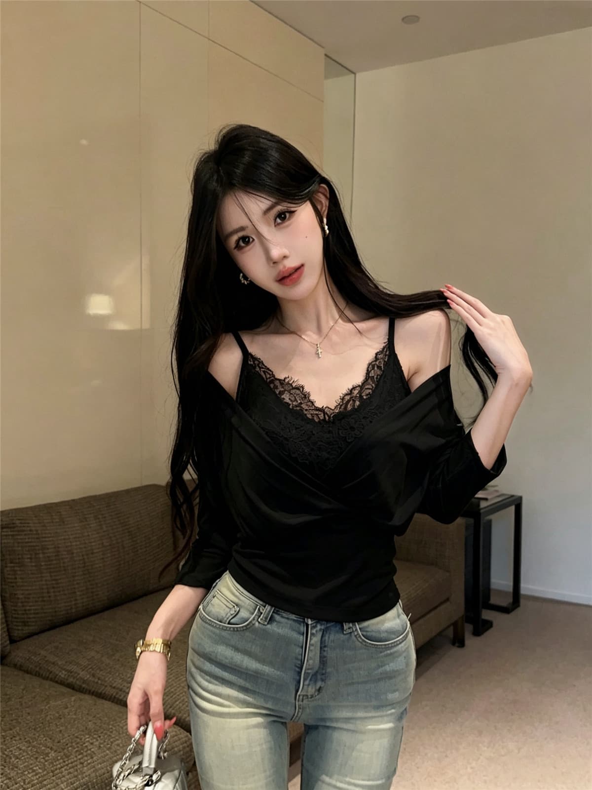 실사 정가 작은 심장 기계 오프숄더 V넥 허리 수축 레이스 슬립 분위기 센스 스택 착용 투피스 세트 맨위 상세 이미지 5