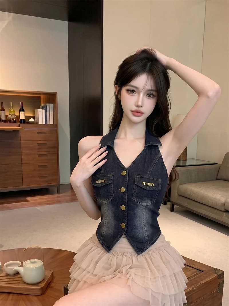 정가 실사 핫걸 순수한 욕망 섹시함 데님 행침 목 쇼트 스타일 맨위 디자인 센스 품격 허리 수축 데님 조끼 상세 이미지 10