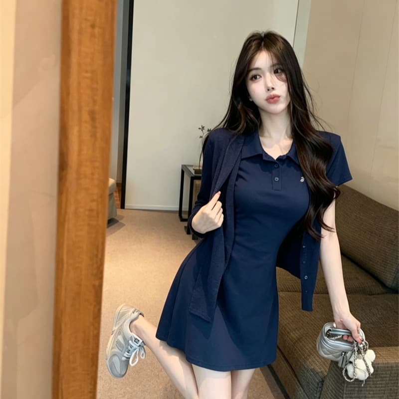 정가 실사 POLO 칼라 경기 숄 연령 감소 슬림해 보이는 드레스 한 부서 캐주얼 느긋한 바람 허리 수축 A라인 스커트