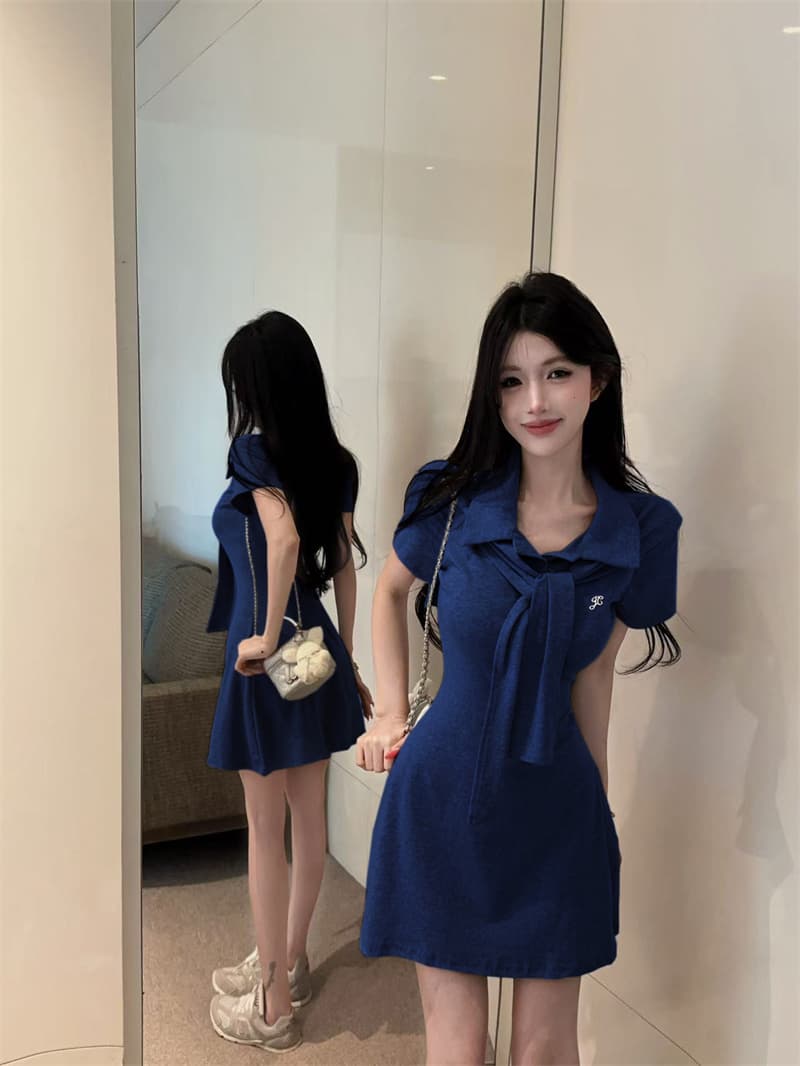 정가 실사 POLO 칼라 경기 숄 연령 감소 슬림해 보이는 드레스 한 부서 캐주얼 느긋한 바람 허리 수축 A라인 스커트 상세 이미지 2