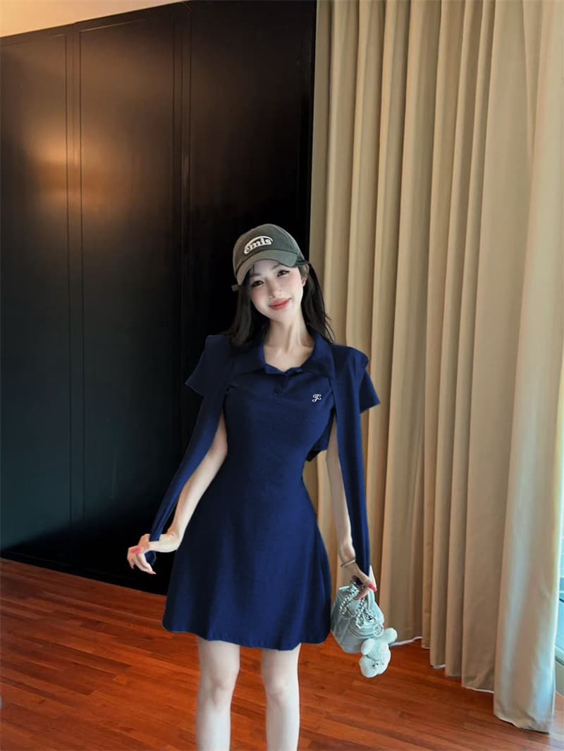정가 실사 POLO 칼라 경기 숄 연령 감소 슬림해 보이는 드레스 한 부서 캐주얼 느긋한 바람 허리 수축 A라인 스커트 상세 이미지 3