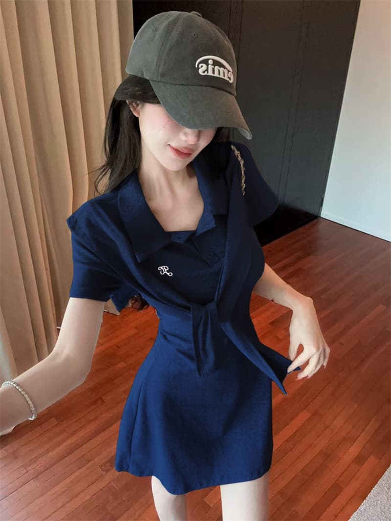 정가 실사 POLO 칼라 경기 숄 연령 감소 슬림해 보이는 드레스 한 부서 캐주얼 느긋한 바람 허리 수축 A라인 스커트 상세 이미지 4