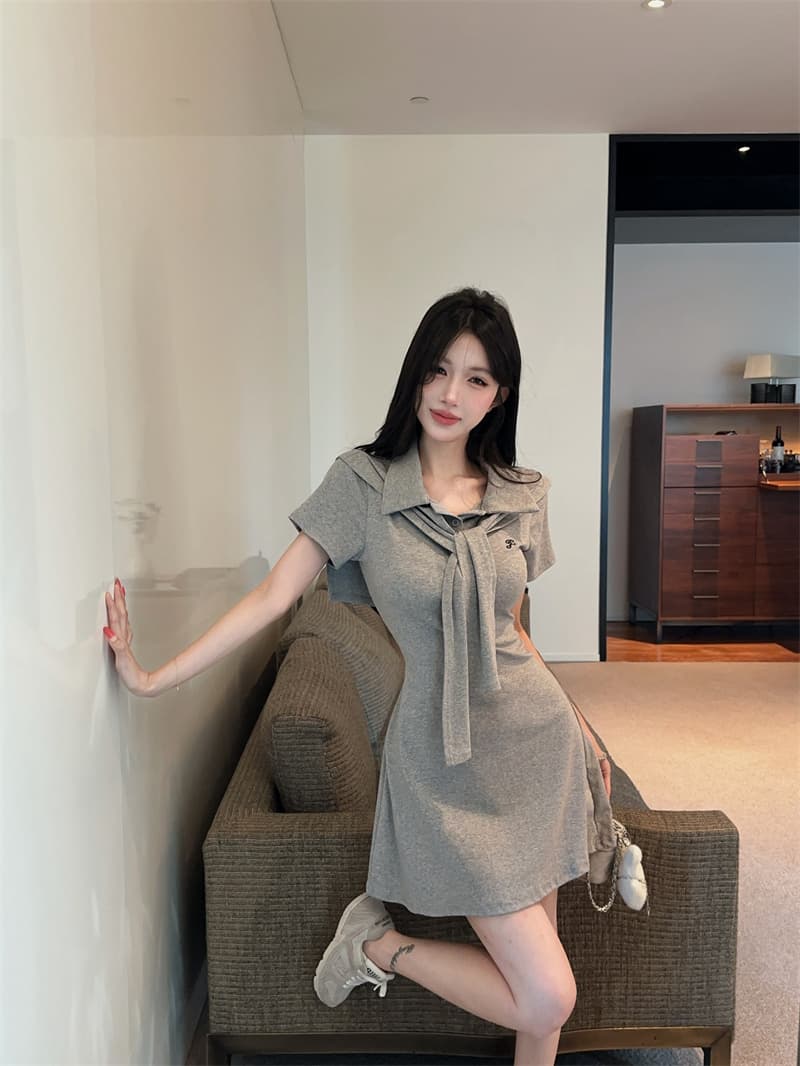 정가 실사 POLO 칼라 경기 숄 연령 감소 슬림해 보이는 드레스 한 부서 캐주얼 느긋한 바람 허리 수축 A라인 스커트 상세 이미지 13