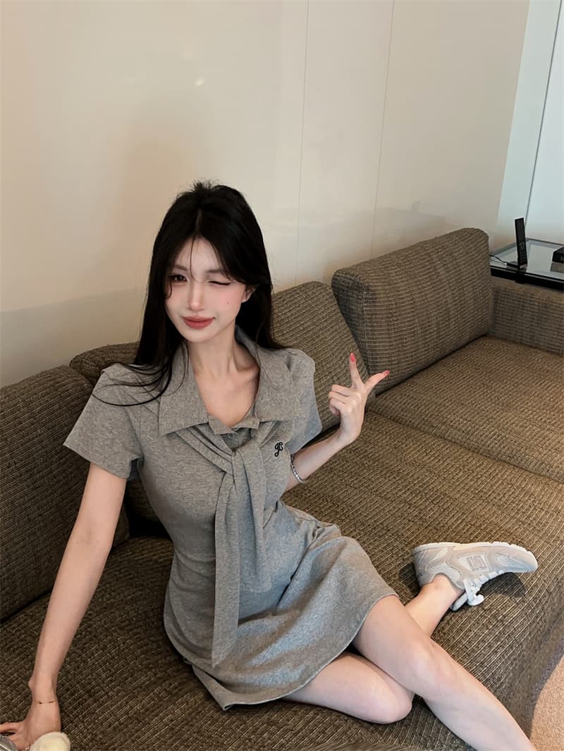 정가 실사 POLO 칼라 경기 숄 연령 감소 슬림해 보이는 드레스 한 부서 캐주얼 느긋한 바람 허리 수축 A라인 스커트 상세 이미지 19