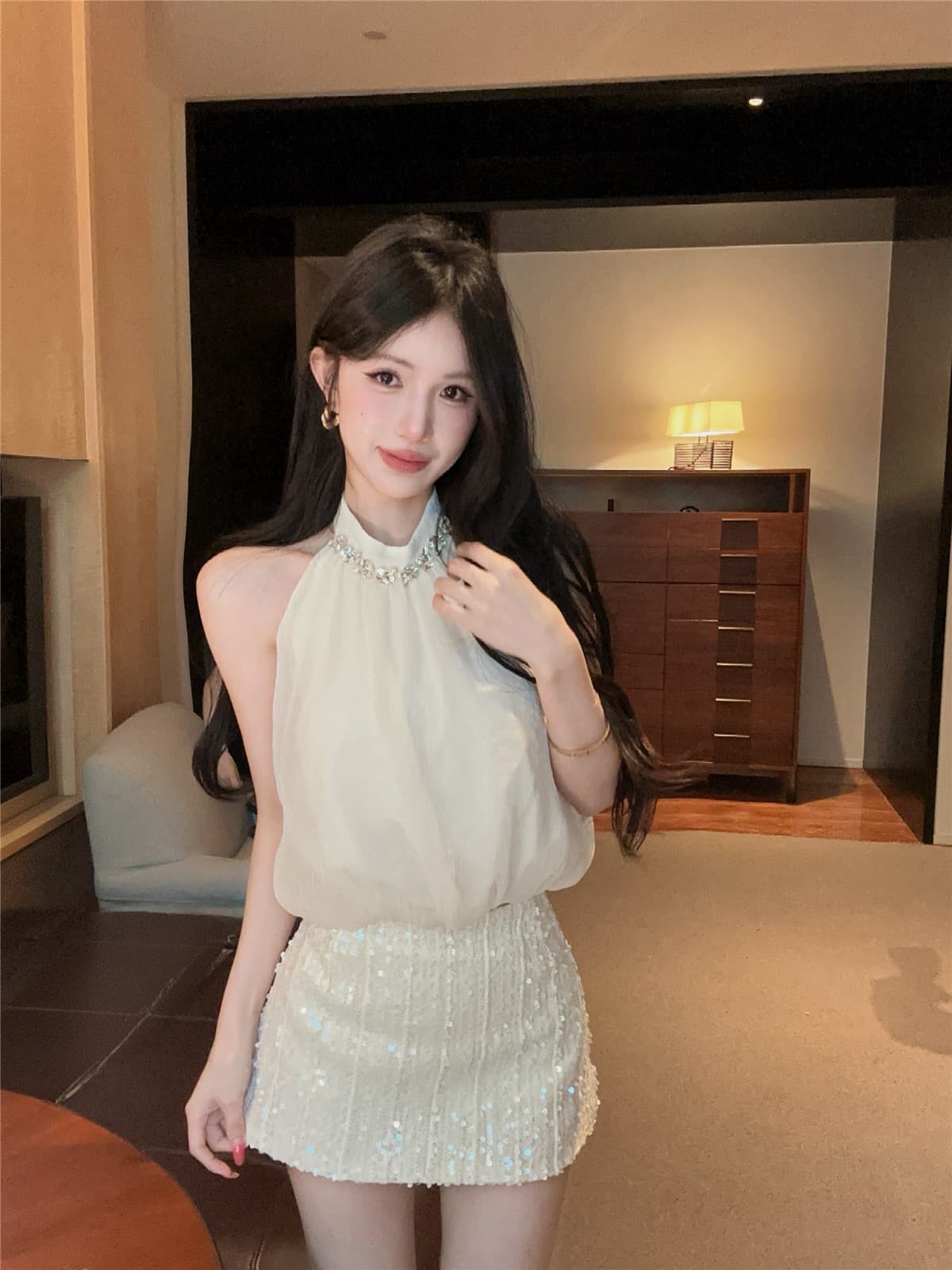 실사 정가 스와로브스키 행침 목 조끼 핫걸 디자인 센스 백리스 민소매 꽃밭 맨위 구슬 조각 반신 치마 세트 상세 이미지 1