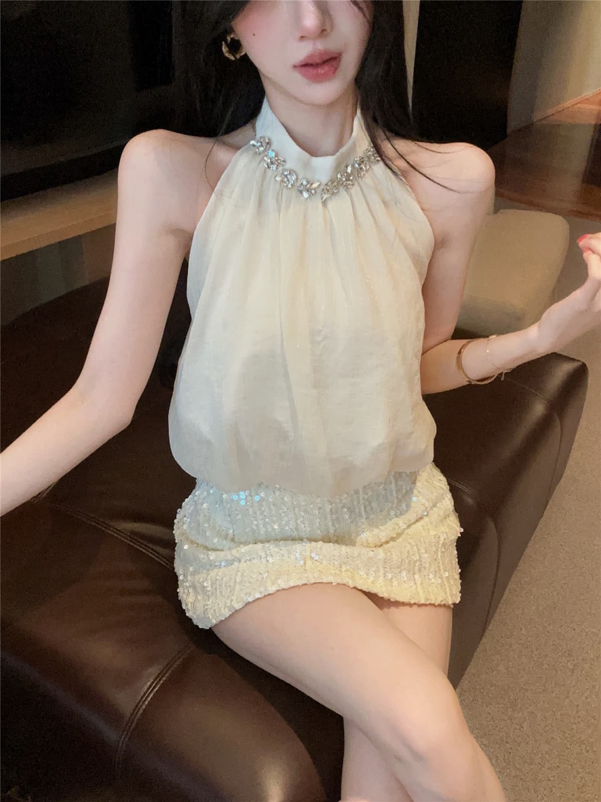 실사 정가 스와로브스키 행침 목 조끼 핫걸 디자인 센스 백리스 민소매 꽃밭 맨위 구슬 조각 반신 치마 세트 상세 이미지 2
