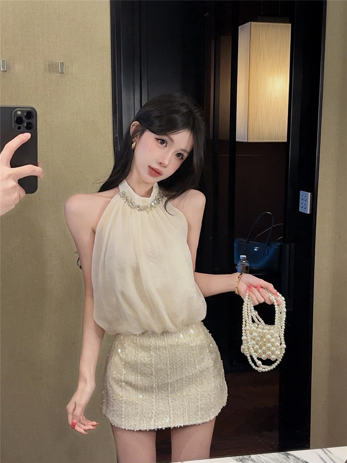 실사 정가 스와로브스키 행침 목 조끼 핫걸 디자인 센스 백리스 민소매 꽃밭 맨위 구슬 조각 반신 치마 세트 상세 이미지 3