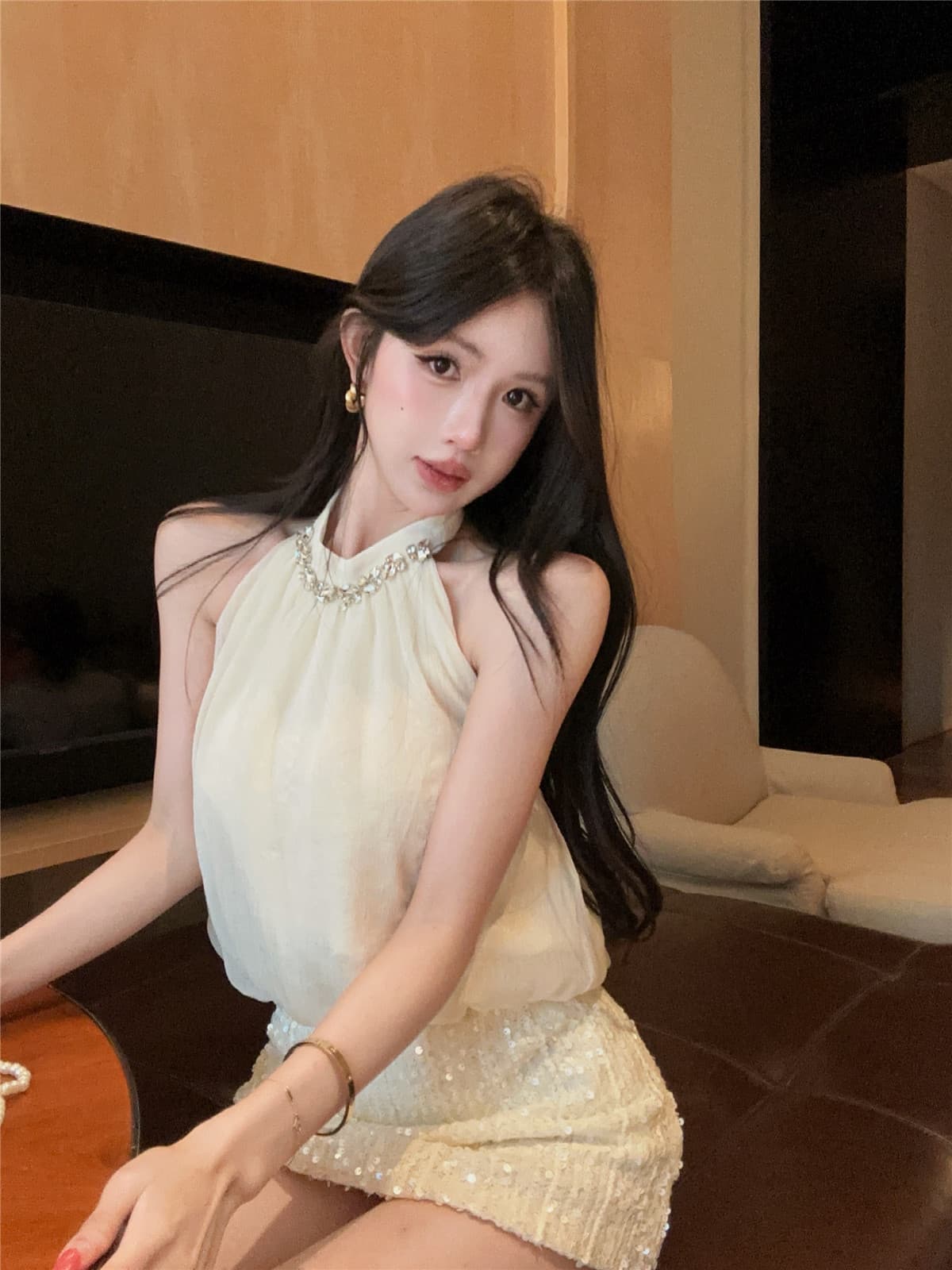 실사 정가 스와로브스키 행침 목 조끼 핫걸 디자인 센스 백리스 민소매 꽃밭 맨위 구슬 조각 반신 치마 세트 상세 이미지 4