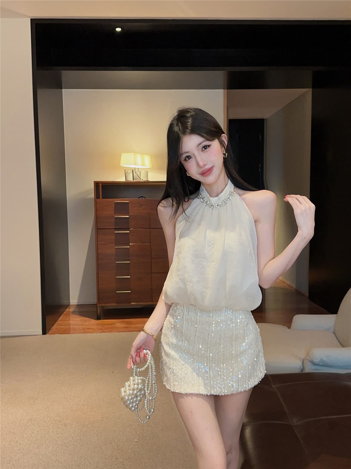 실사 정가 스와로브스키 행침 목 조끼 핫걸 디자인 센스 백리스 민소매 꽃밭 맨위 구슬 조각 반신 치마 세트 상세 이미지 6
