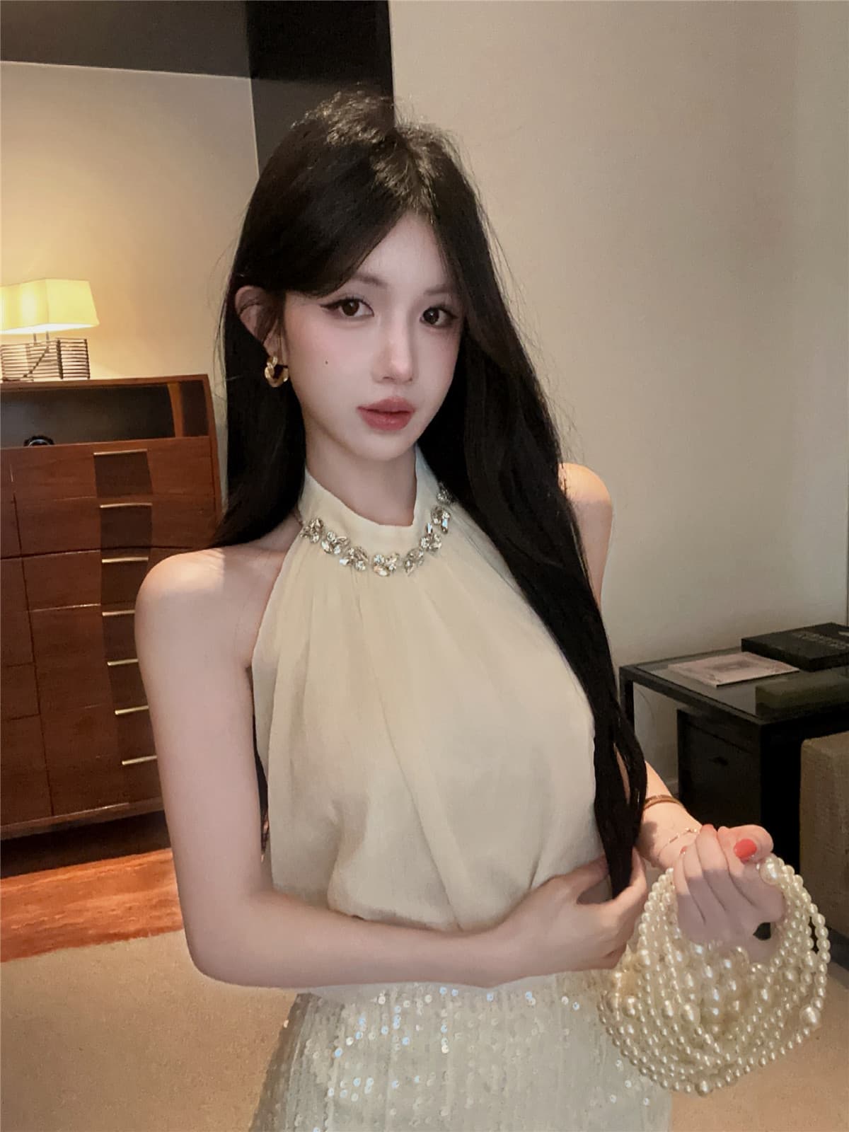 실사 정가 스와로브스키 행침 목 조끼 핫걸 디자인 센스 백리스 민소매 꽃밭 맨위 구슬 조각 반신 치마 세트 상세 이미지 9