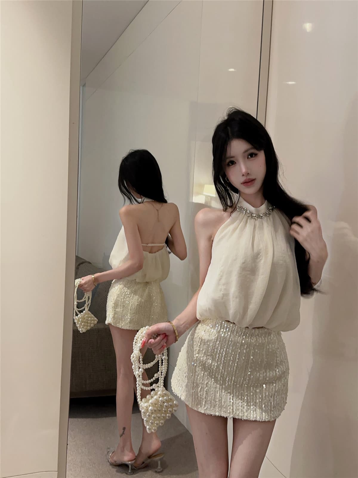 실사 정가 스와로브스키 행침 목 조끼 핫걸 디자인 센스 백리스 민소매 꽃밭 맨위 구슬 조각 반신 치마 세트 상세 이미지 10