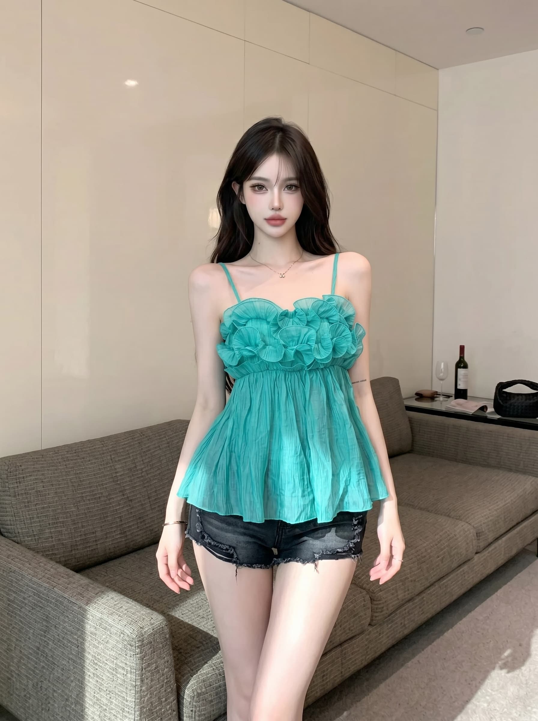 실사 정가 프랑스식 레트로 녹색 프릴 튜브탑 맨위 순수한 욕망 핫걸 바람 프릴 캐미솔 상세 이미지 7