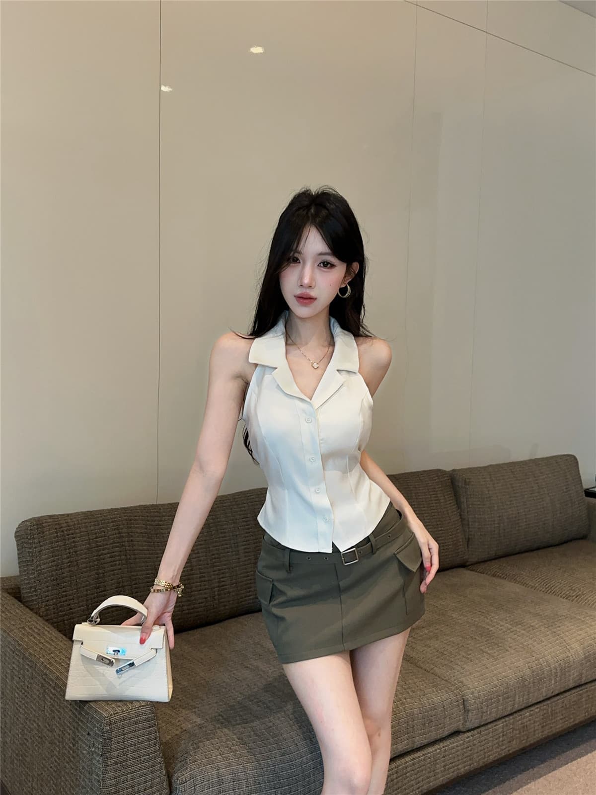 실사 살구 색상 POLO 칼라 허리 수축 베스트 셔츠 디자인 센스 V넥 행침 목 민소매 맨위 여름 미니 스커트 세트 상세 이미지 10