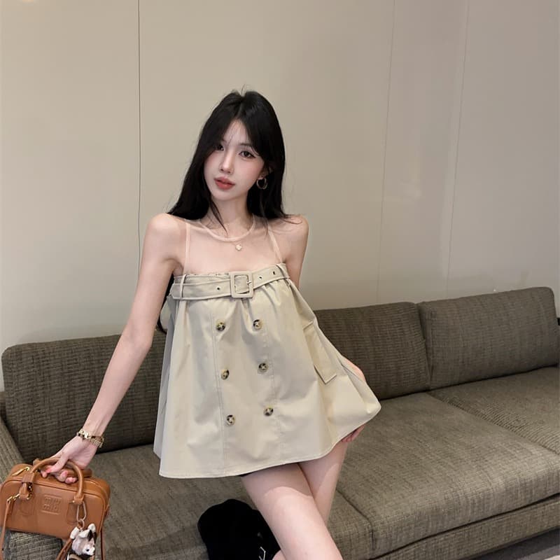 정가 실사 한 부서 로얄 자매 바람 망사 패치워크 이중 버튼 벨트 디자인 센스 작은 대중 루즈핏 슬림해 보이는 맨위