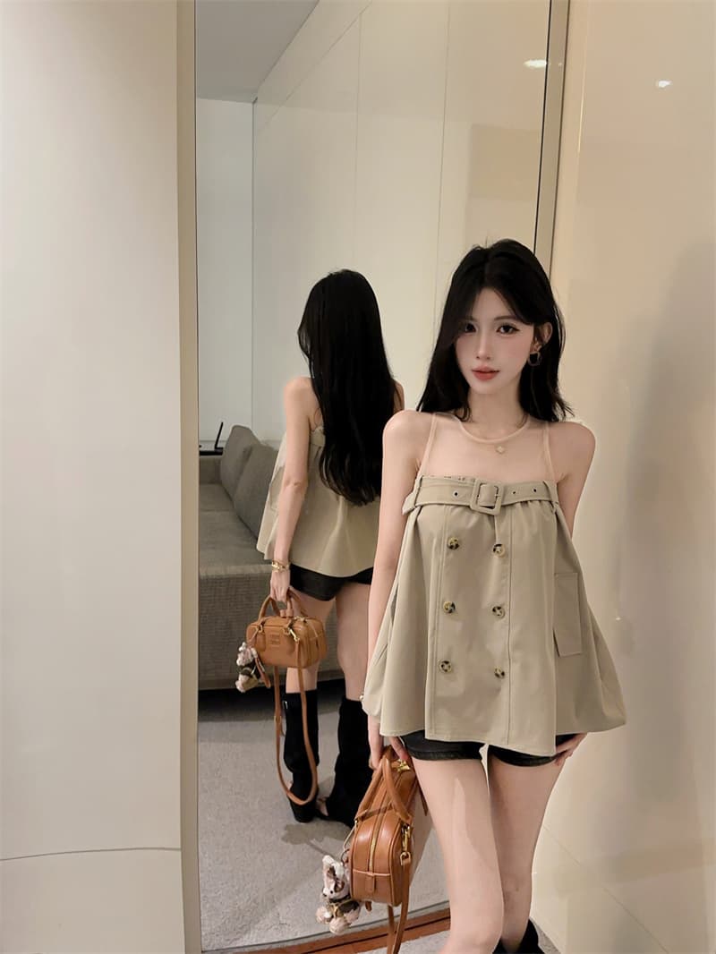 정가 실사 한 부서 로얄 자매 바람 망사 패치워크 이중 버튼 벨트 디자인 센스 작은 대중 루즈핏 슬림해 보이는 맨위 상세 이미지 1