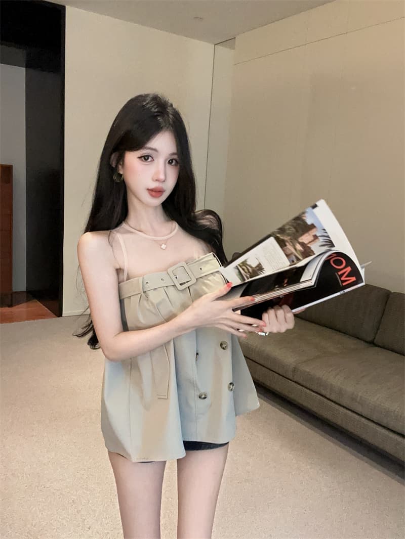 정가 실사 한 부서 로얄 자매 바람 망사 패치워크 이중 버튼 벨트 디자인 센스 작은 대중 루즈핏 슬림해 보이는 맨위 상세 이미지 5
