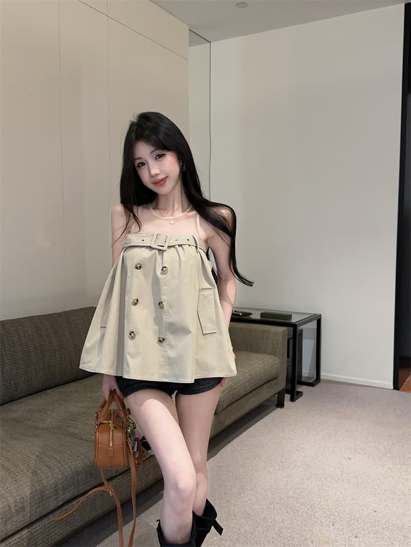 정가 실사 한 부서 로얄 자매 바람 망사 패치워크 이중 버튼 벨트 디자인 센스 작은 대중 루즈핏 슬림해 보이는 맨위 상세 이미지 6
