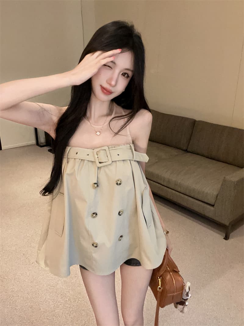 정가 실사 한 부서 로얄 자매 바람 망사 패치워크 이중 버튼 벨트 디자인 센스 작은 대중 루즈핏 슬림해 보이는 맨위 상세 이미지 7