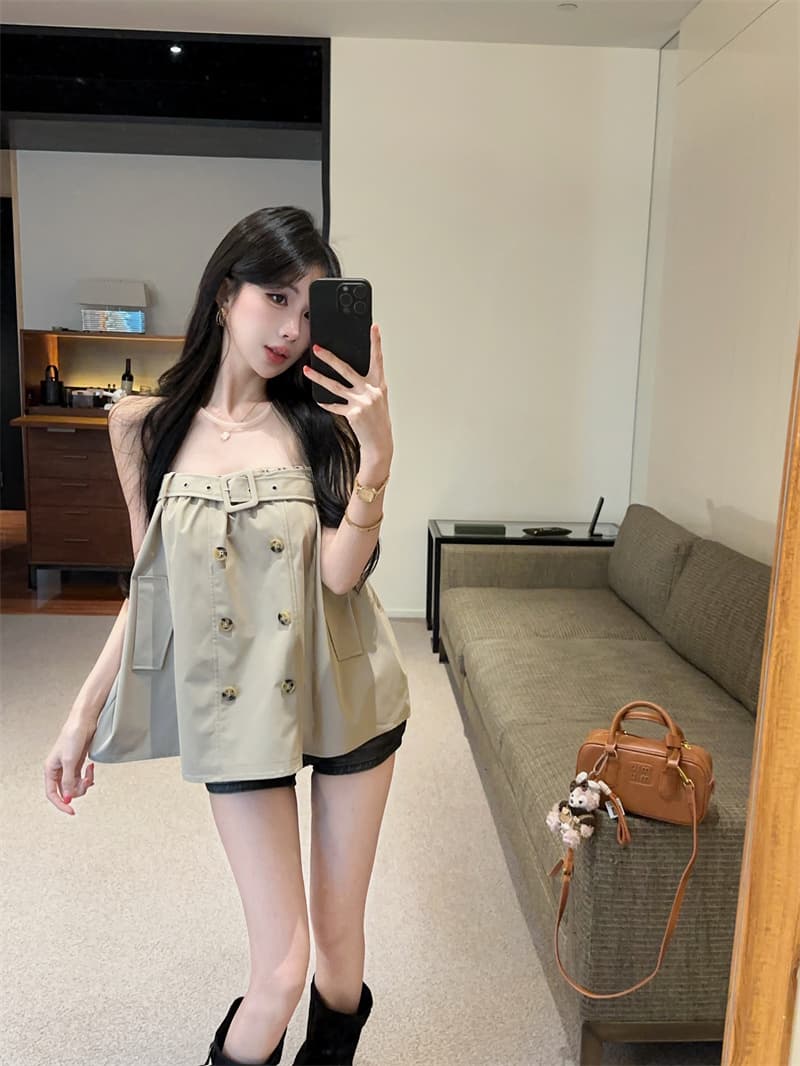 정가 실사 한 부서 로얄 자매 바람 망사 패치워크 이중 버튼 벨트 디자인 센스 작은 대중 루즈핏 슬림해 보이는 맨위 상세 이미지 9