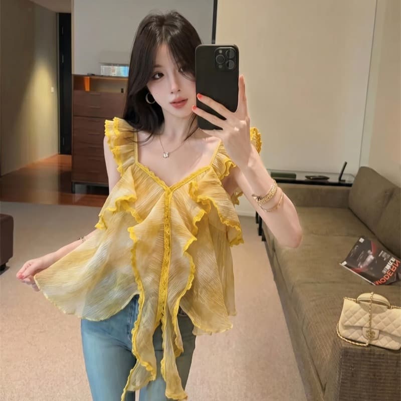 정가 실사 장난기 넘치는 첸 진 팡 칼라 플리츠 다중 레이어 프릴 연령 감소 다용도 달콤함 민소매 캐미솔 이미지 5