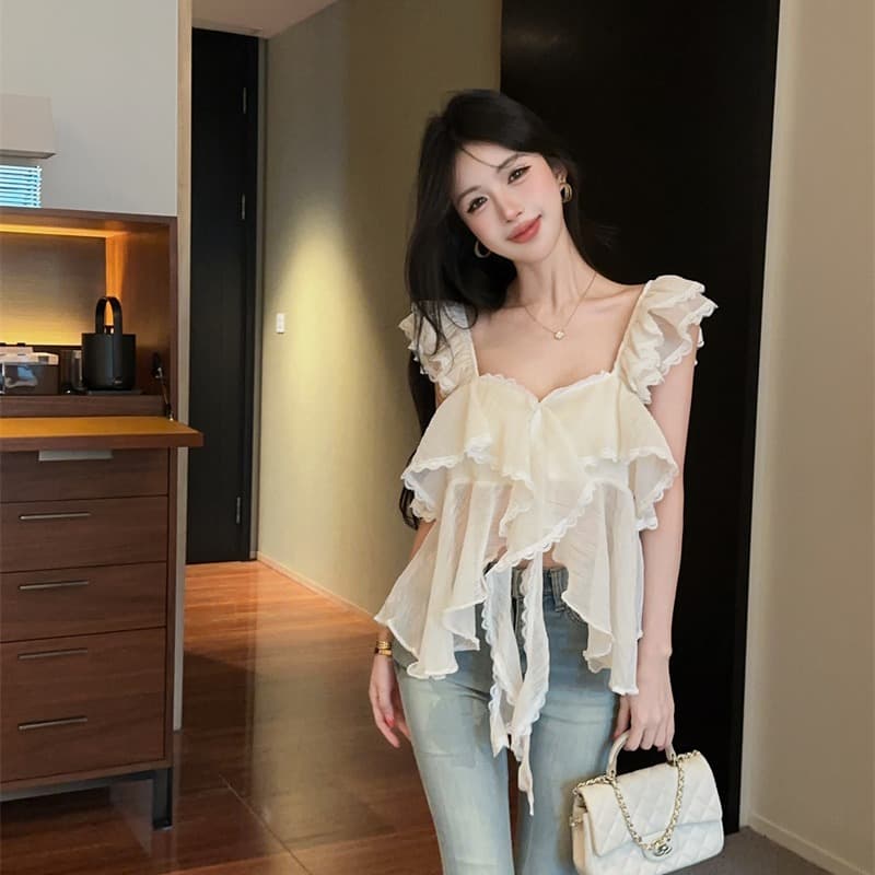 정가 실사 장난기 넘치는 첸 진 팡 칼라 플리츠 다중 레이어 프릴 연령 감소 다용도 달콤함 민소매 캐미솔 이미지 4