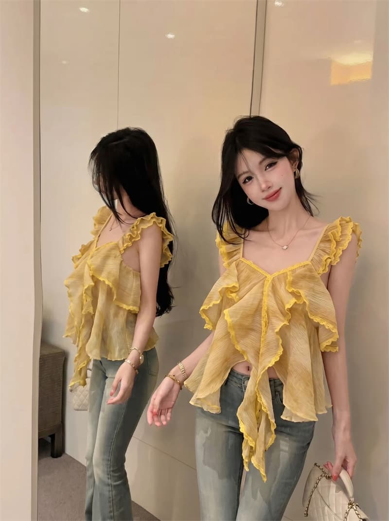정가 실사 장난기 넘치는 첸 진 팡 칼라 플리츠 다중 레이어 프릴 연령 감소 다용도 달콤함 민소매 캐미솔 상세 이미지 1