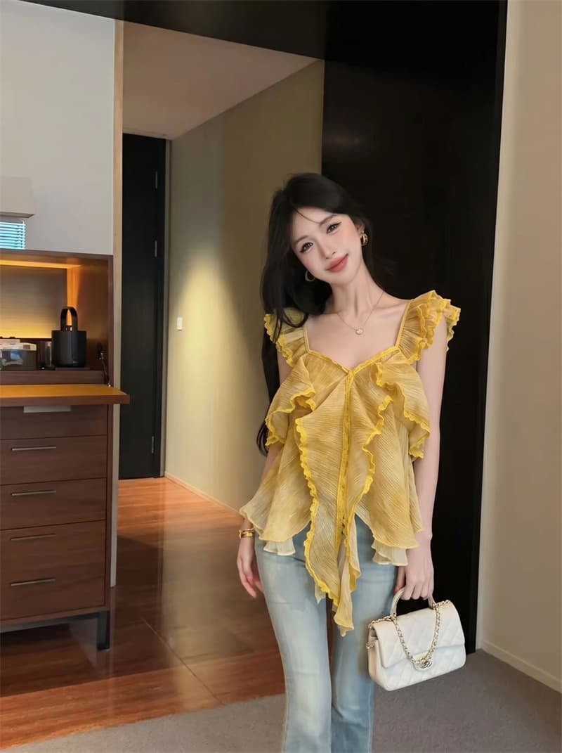 정가 실사 장난기 넘치는 첸 진 팡 칼라 플리츠 다중 레이어 프릴 연령 감소 다용도 달콤함 민소매 캐미솔 상세 이미지 2