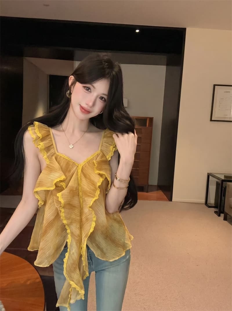 정가 실사 장난기 넘치는 첸 진 팡 칼라 플리츠 다중 레이어 프릴 연령 감소 다용도 달콤함 민소매 캐미솔 상세 이미지 3