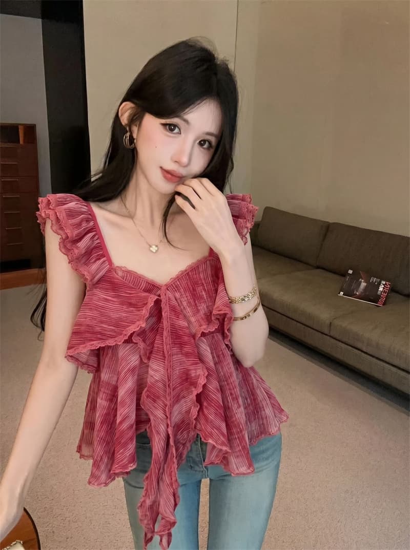 정가 실사 장난기 넘치는 첸 진 팡 칼라 플리츠 다중 레이어 프릴 연령 감소 다용도 달콤함 민소매 캐미솔 상세 이미지 5