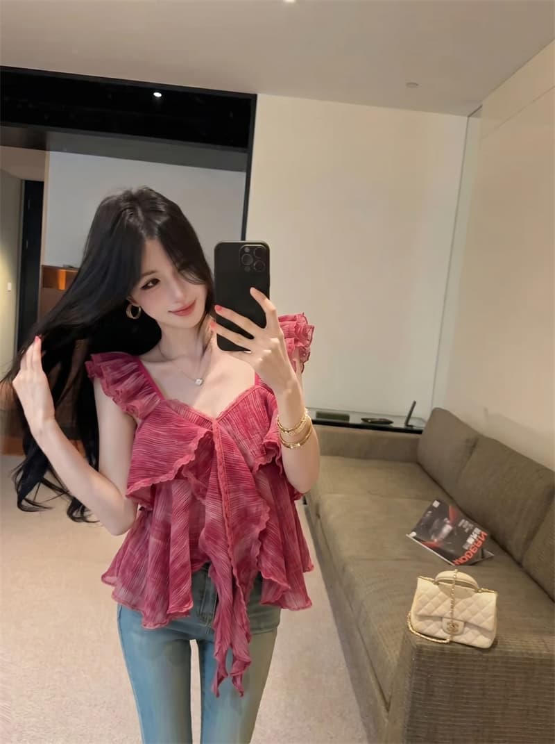 정가 실사 장난기 넘치는 첸 진 팡 칼라 플리츠 다중 레이어 프릴 연령 감소 다용도 달콤함 민소매 캐미솔 상세 이미지 6