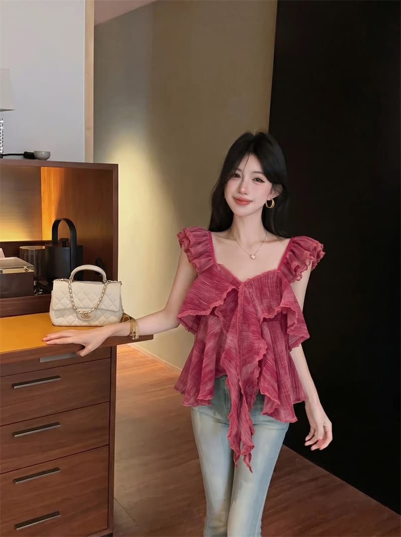 정가 실사 장난기 넘치는 첸 진 팡 칼라 플리츠 다중 레이어 프릴 연령 감소 다용도 달콤함 민소매 캐미솔 상세 이미지 7
