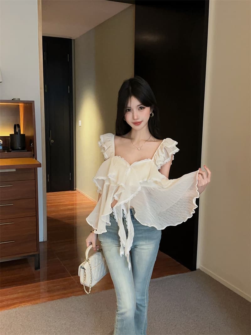 정가 실사 장난기 넘치는 첸 진 팡 칼라 플리츠 다중 레이어 프릴 연령 감소 다용도 달콤함 민소매 캐미솔 상세 이미지 10