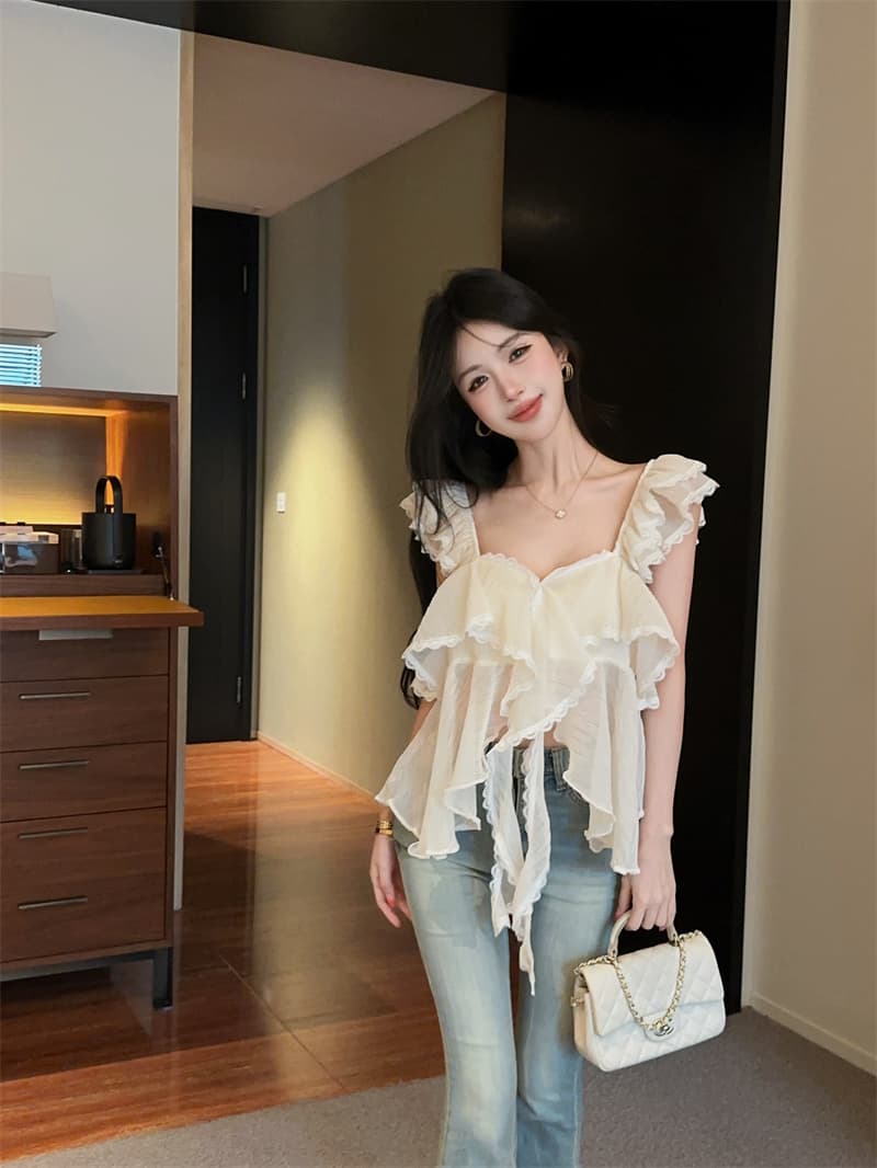 정가 실사 장난기 넘치는 첸 진 팡 칼라 플리츠 다중 레이어 프릴 연령 감소 다용도 달콤함 민소매 캐미솔 상세 이미지 11