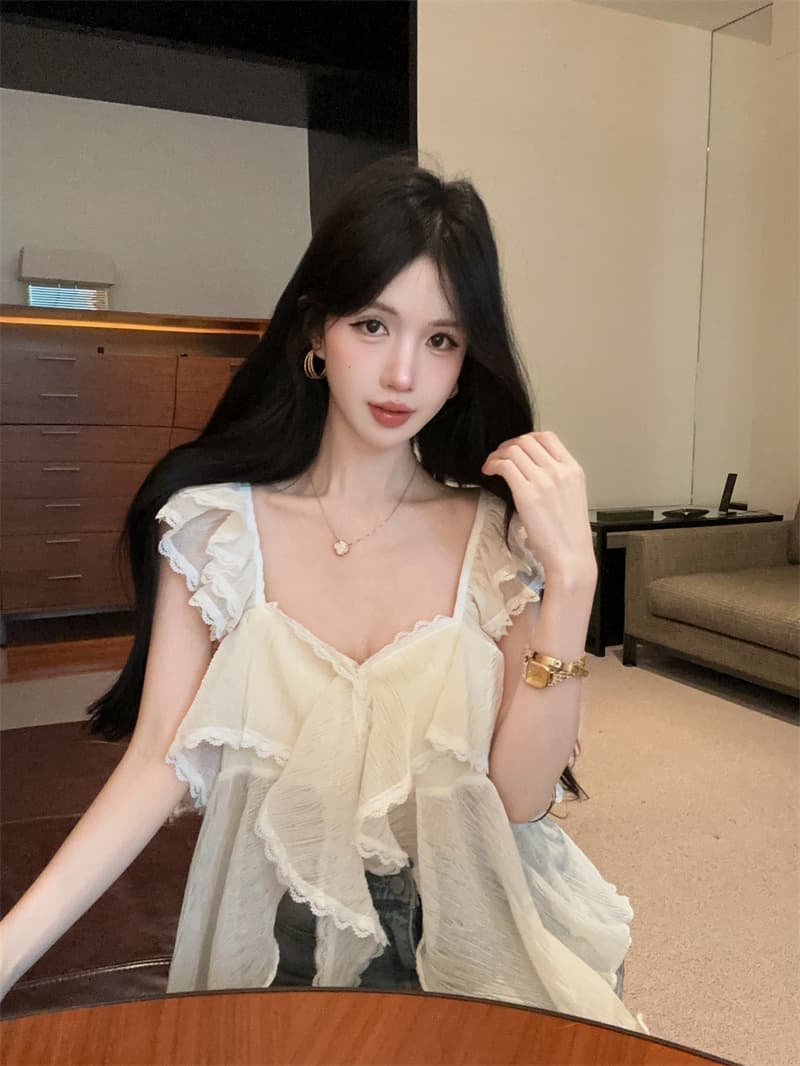 정가 실사 장난기 넘치는 첸 진 팡 칼라 플리츠 다중 레이어 프릴 연령 감소 다용도 달콤함 민소매 캐미솔 상세 이미지 13