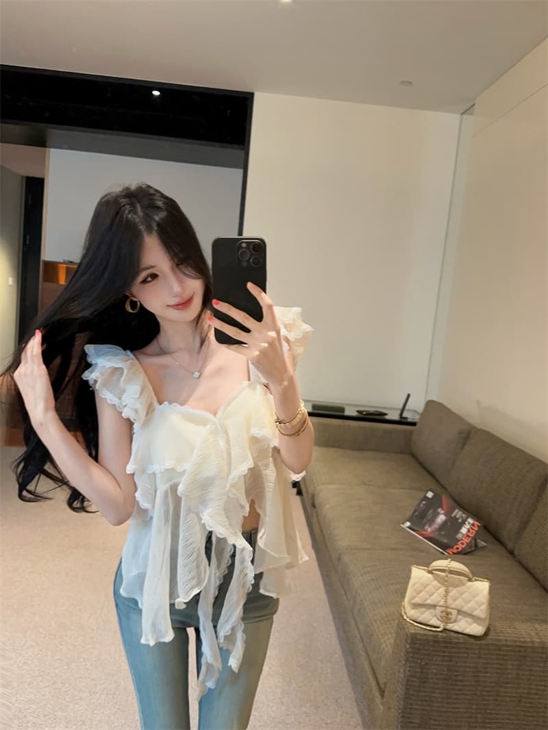 정가 실사 장난기 넘치는 첸 진 팡 칼라 플리츠 다중 레이어 프릴 연령 감소 다용도 달콤함 민소매 캐미솔 상세 이미지 15
