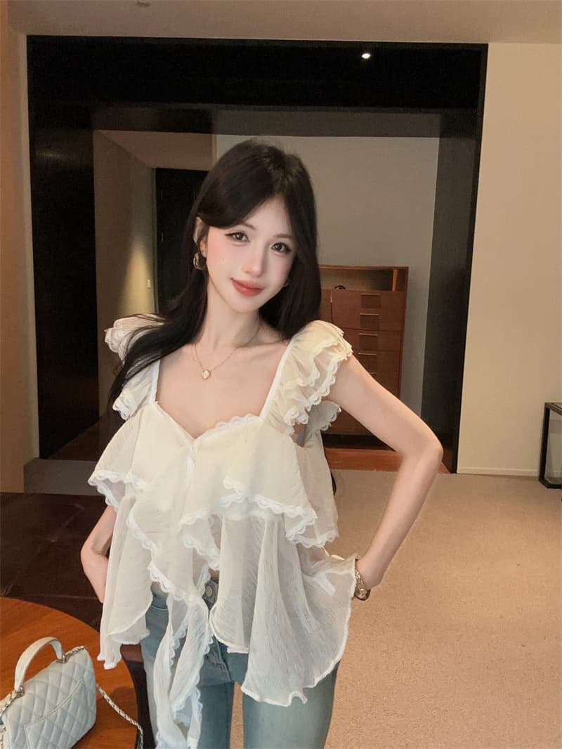 정가 실사 장난기 넘치는 첸 진 팡 칼라 플리츠 다중 레이어 프릴 연령 감소 다용도 달콤함 민소매 캐미솔 상세 이미지 17