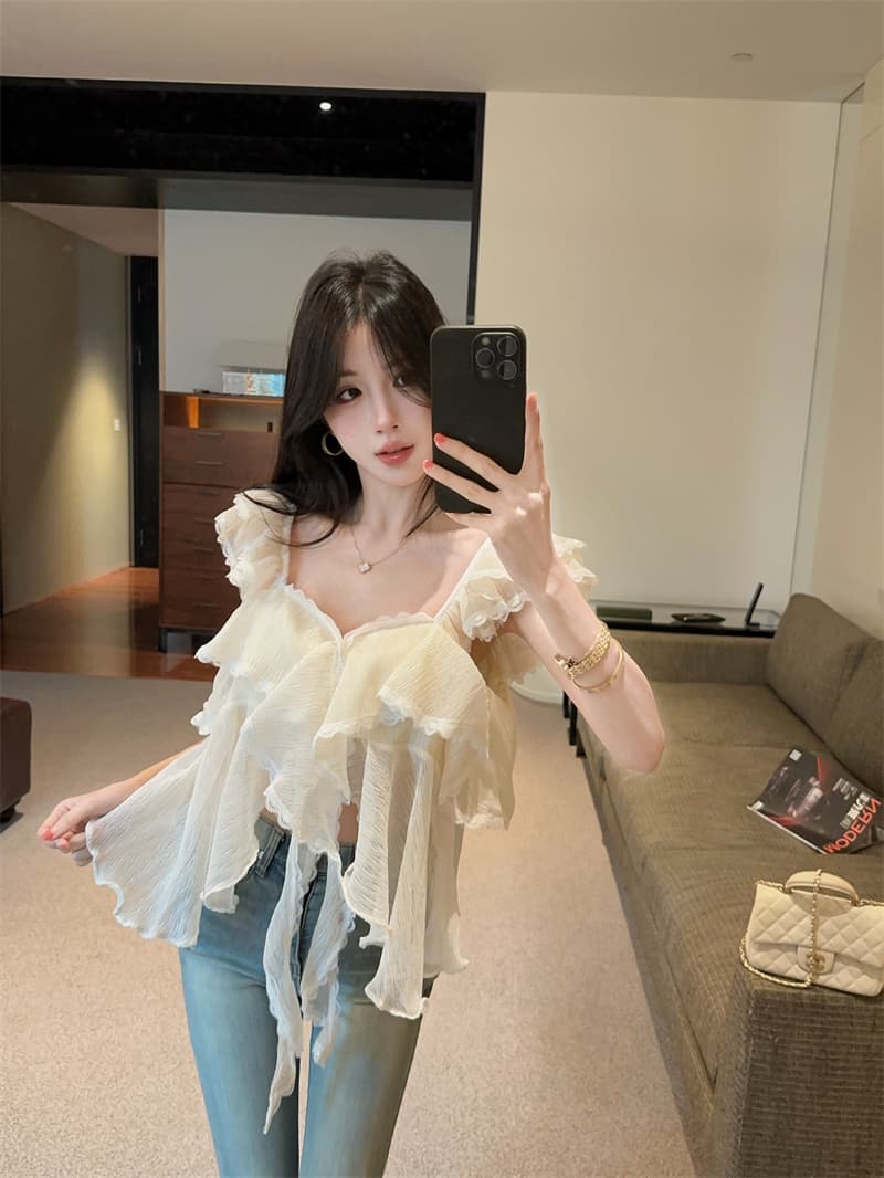 정가 실사 장난기 넘치는 첸 진 팡 칼라 플리츠 다중 레이어 프릴 연령 감소 다용도 달콤함 민소매 캐미솔 상세 이미지 20