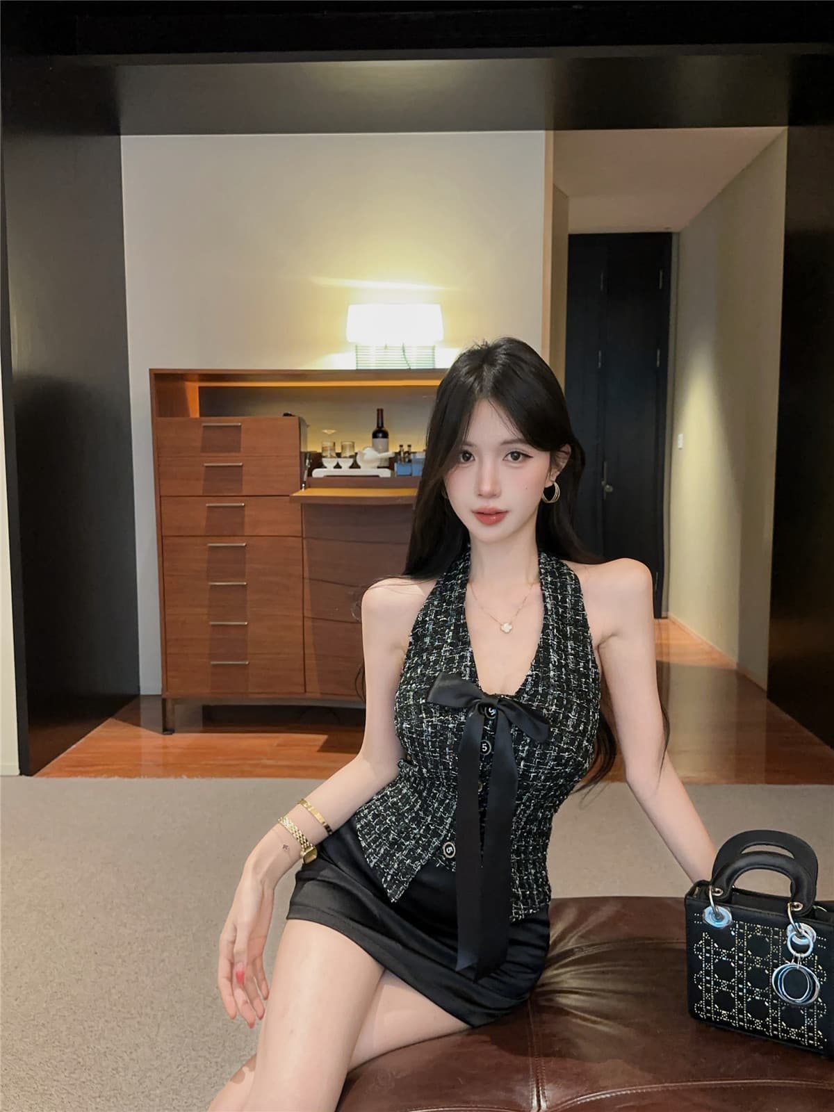 실사 작은 샤넬 스타일 검정색 행침 목 조끼 고급 센스 V넥 민소매 슬림해 보이는 두꺼운 뭐라구? 맨위 상세 이미지 6