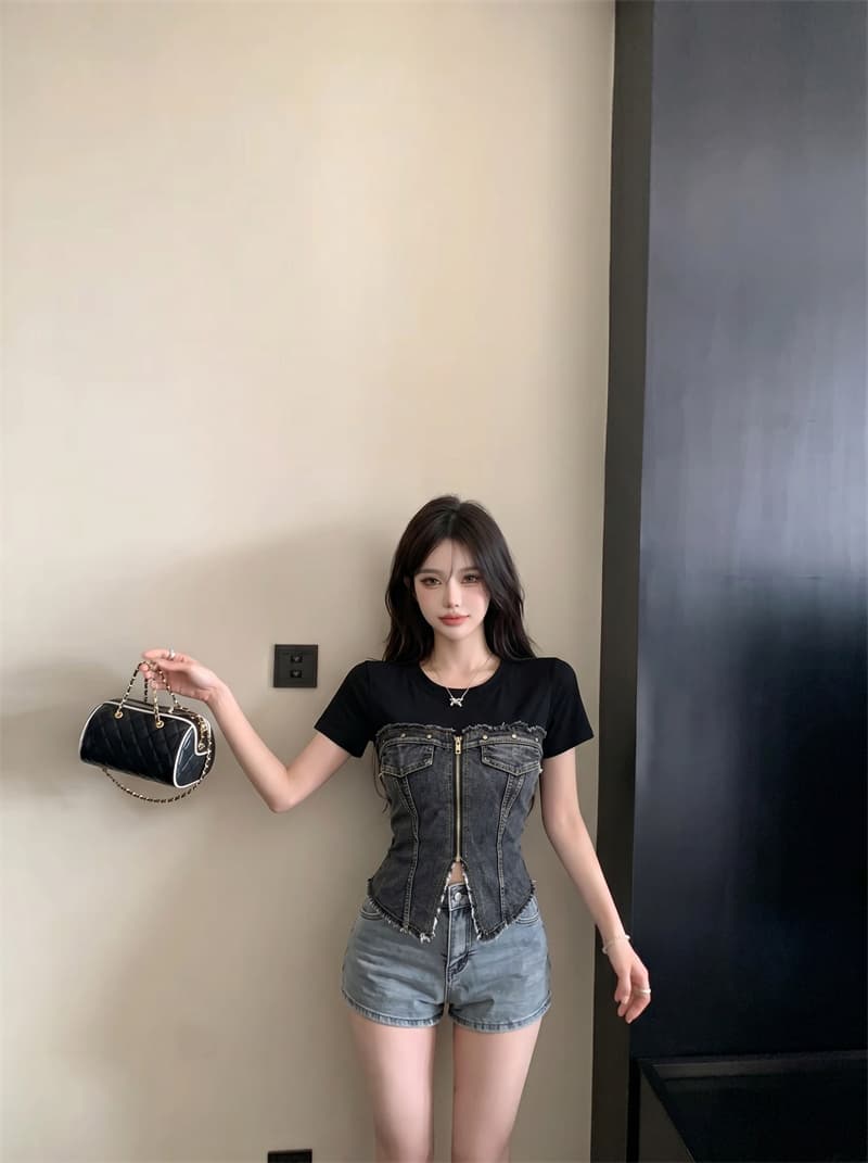 정가 실사 아메리칸 레트로 스타일 세련된 좋은 버드 나무 못 지퍼 패치워크 데님 고유 한 맨위 티셔츠 상세 이미지 2