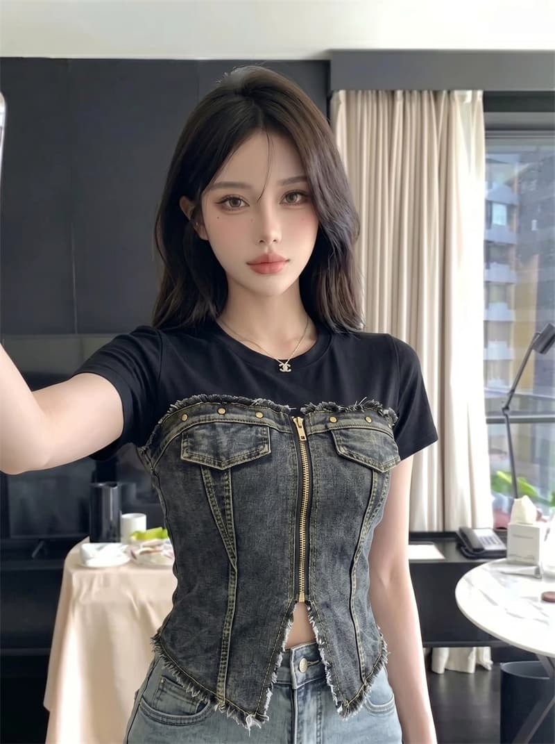 정가 실사 아메리칸 레트로 스타일 세련된 좋은 버드 나무 못 지퍼 패치워크 데님 고유 한 맨위 티셔츠 상세 이미지 4
