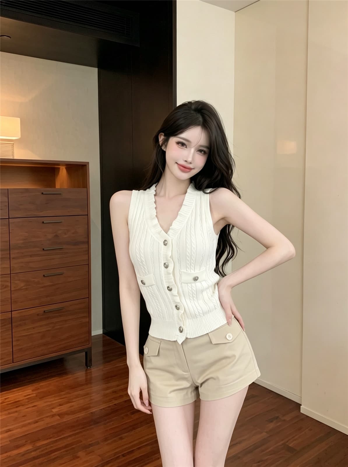 실사 프릴 V넥 니트 조끼 여름 프랑스식 고급 센스 품격 민소매 맨위 상세 이미지 2