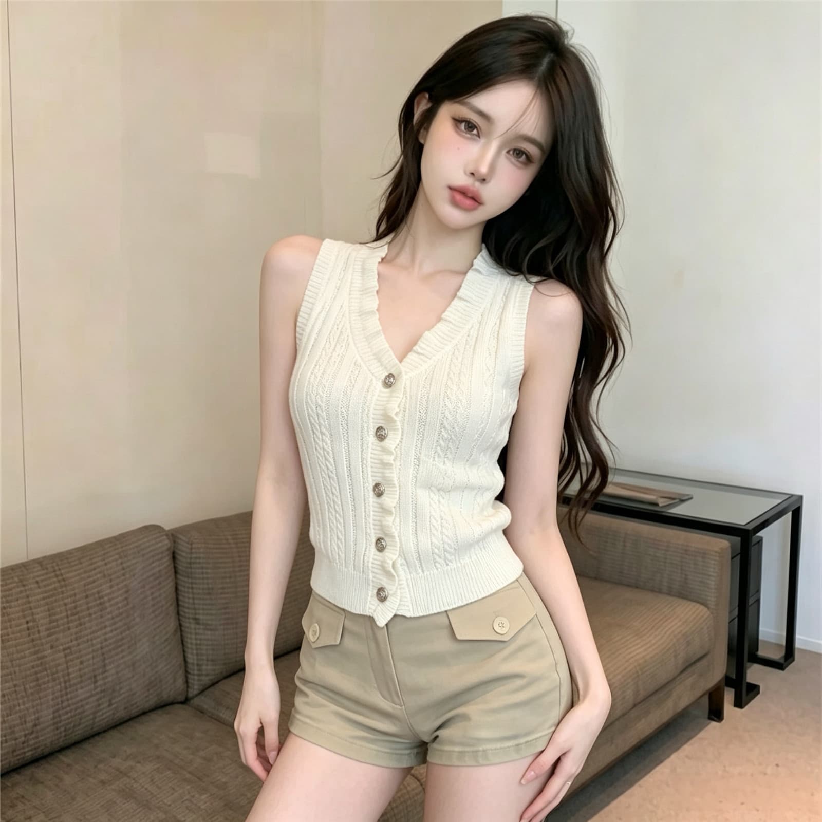 실사 프릴 V넥 니트 조끼 여름 프랑스식 고급 센스 품격 민소매 맨위 상세 이미지 4