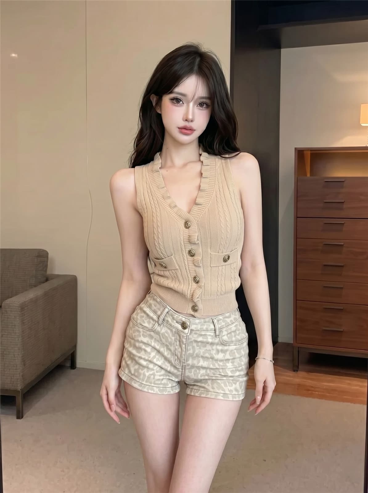실사 프릴 V넥 니트 조끼 여름 프랑스식 고급 센스 품격 민소매 맨위 상세 이미지 8