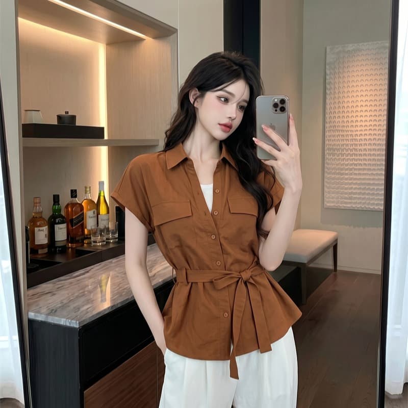 정가 실사 POLO 칼라 페이크 레이어드 반팔 여성 셔츠 여름 한 부서 품격 허리 수축 배색 패치워크 맨위