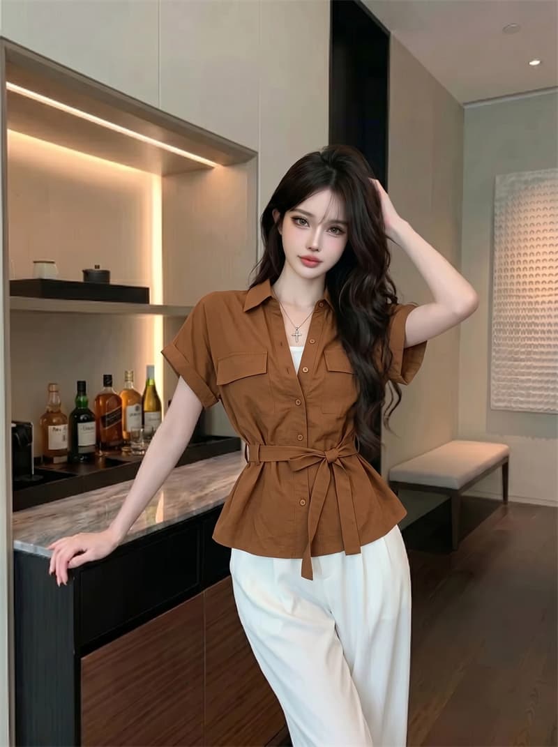 정가 실사 POLO 칼라 페이크 레이어드 반팔 여성 셔츠 여름 한 부서 품격 허리 수축 배색 패치워크 맨위 상세 이미지 6