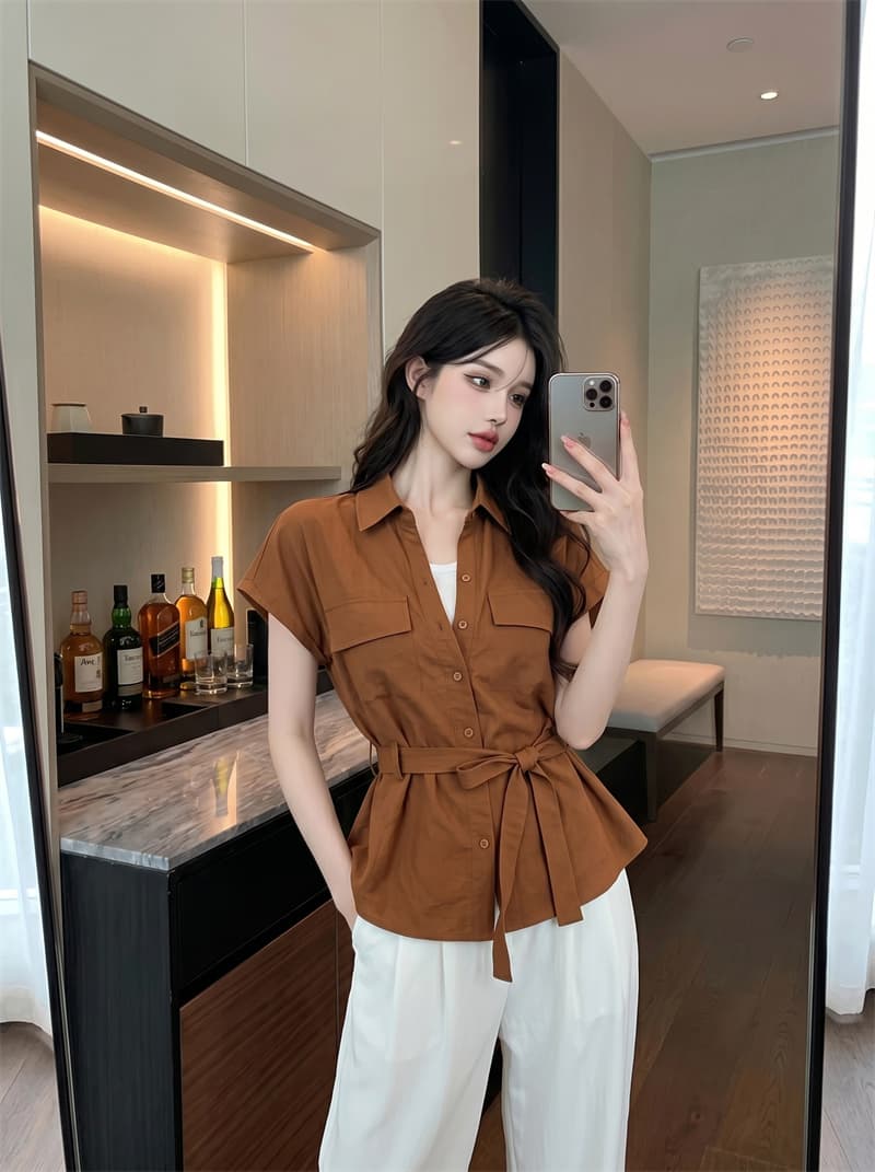 정가 실사 POLO 칼라 페이크 레이어드 반팔 여성 셔츠 여름 한 부서 품격 허리 수축 배색 패치워크 맨위 상세 이미지 7
