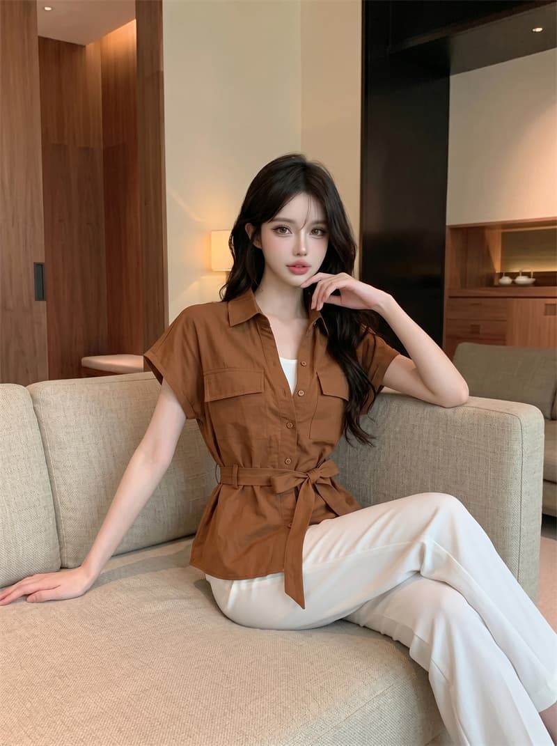 정가 실사 POLO 칼라 페이크 레이어드 반팔 여성 셔츠 여름 한 부서 품격 허리 수축 배색 패치워크 맨위 상세 이미지 8