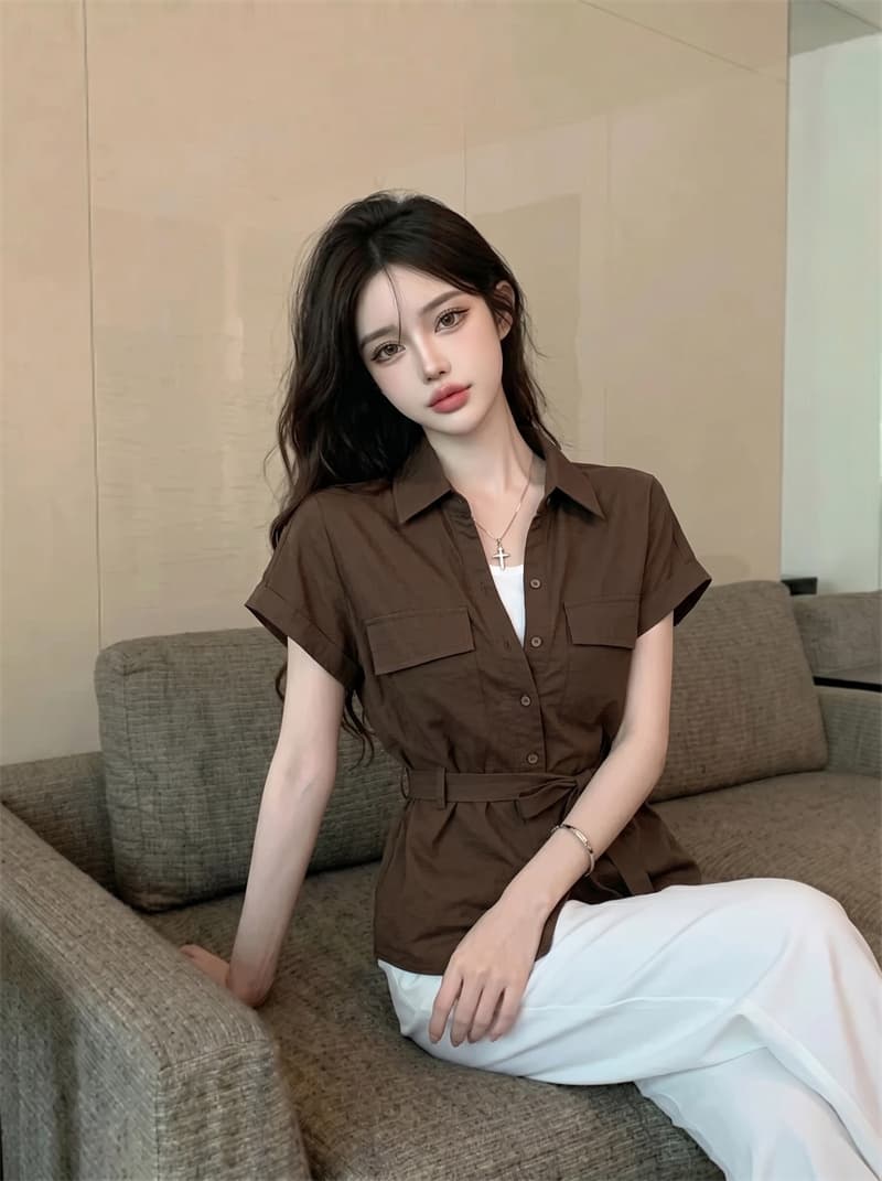 정가 실사 POLO 칼라 페이크 레이어드 반팔 여성 셔츠 여름 한 부서 품격 허리 수축 배색 패치워크 맨위 상세 이미지 12